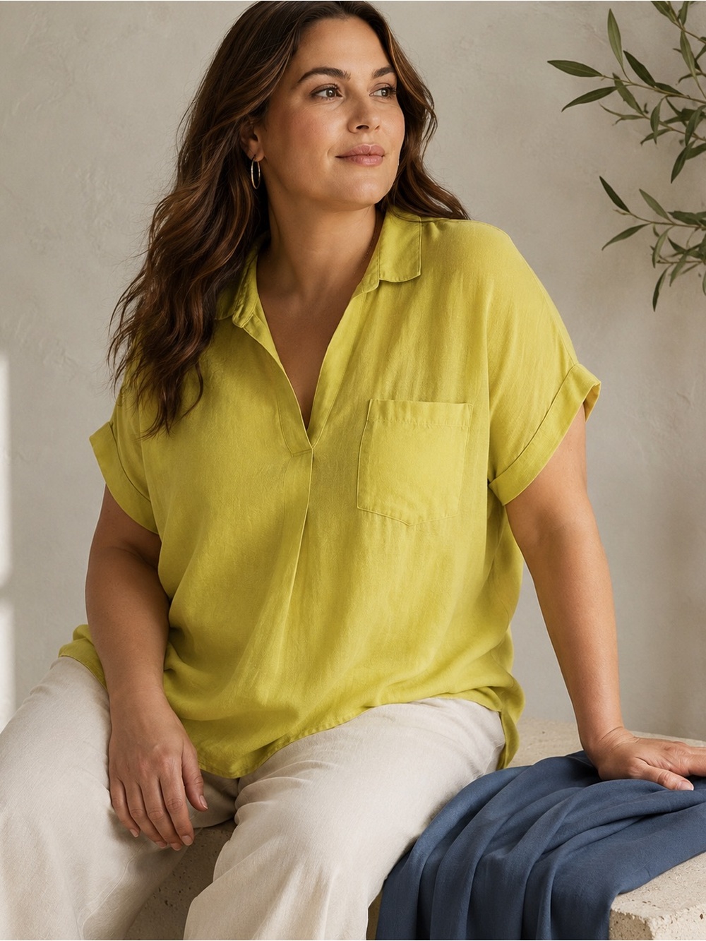 Madewell Plus 2X Chartreuse Linen Blend Popover Shirt Oversized Short Sleeve